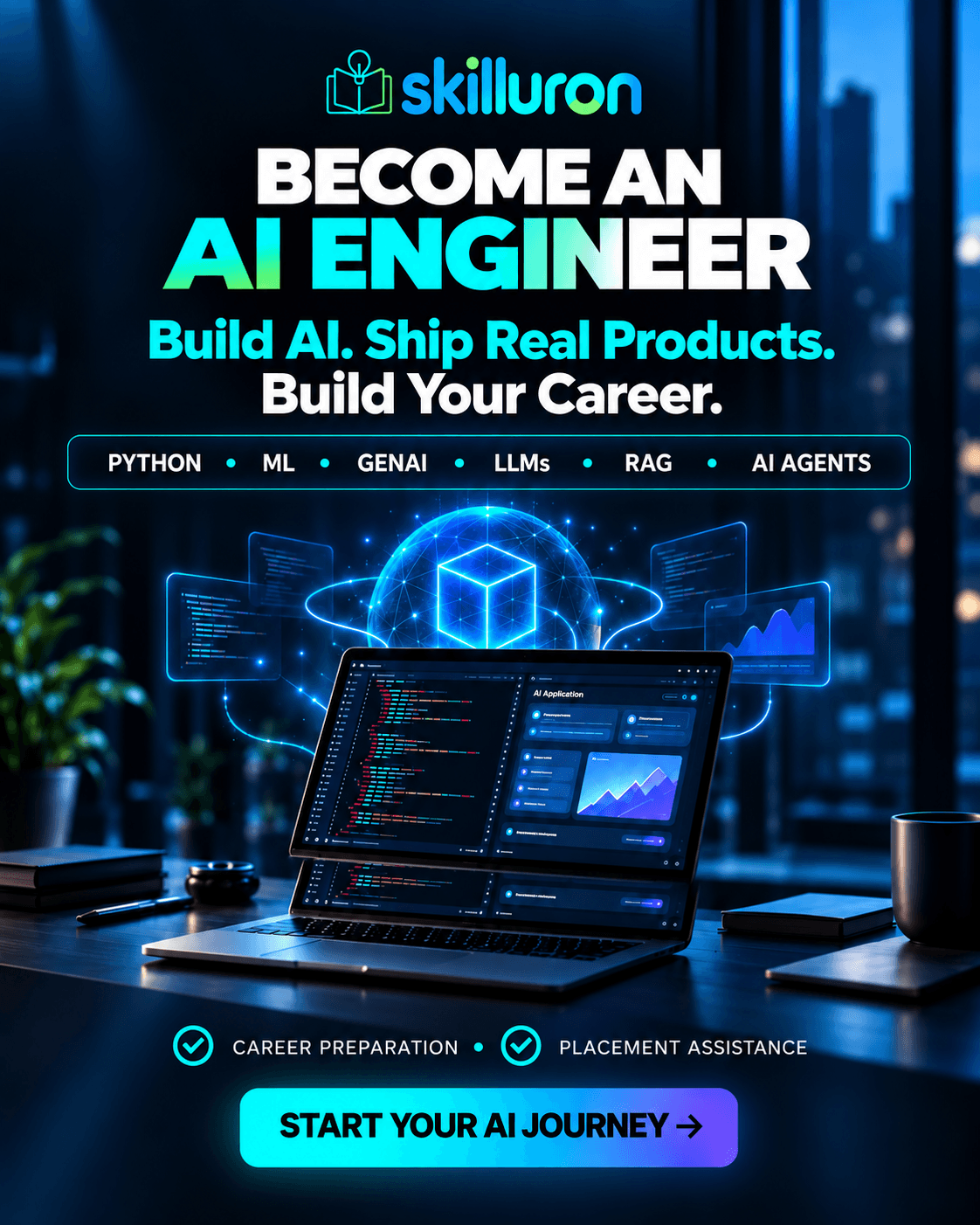 Become an AI Engineer — Skilluron AI Engineer Program: build AI, ship real products, build your career. Master Python, Machine Learning, GenAI, LLMs, RAG and AI Agents through hands-on, industry-focused projects. Career preparation and placement assistance. Book a free demo.